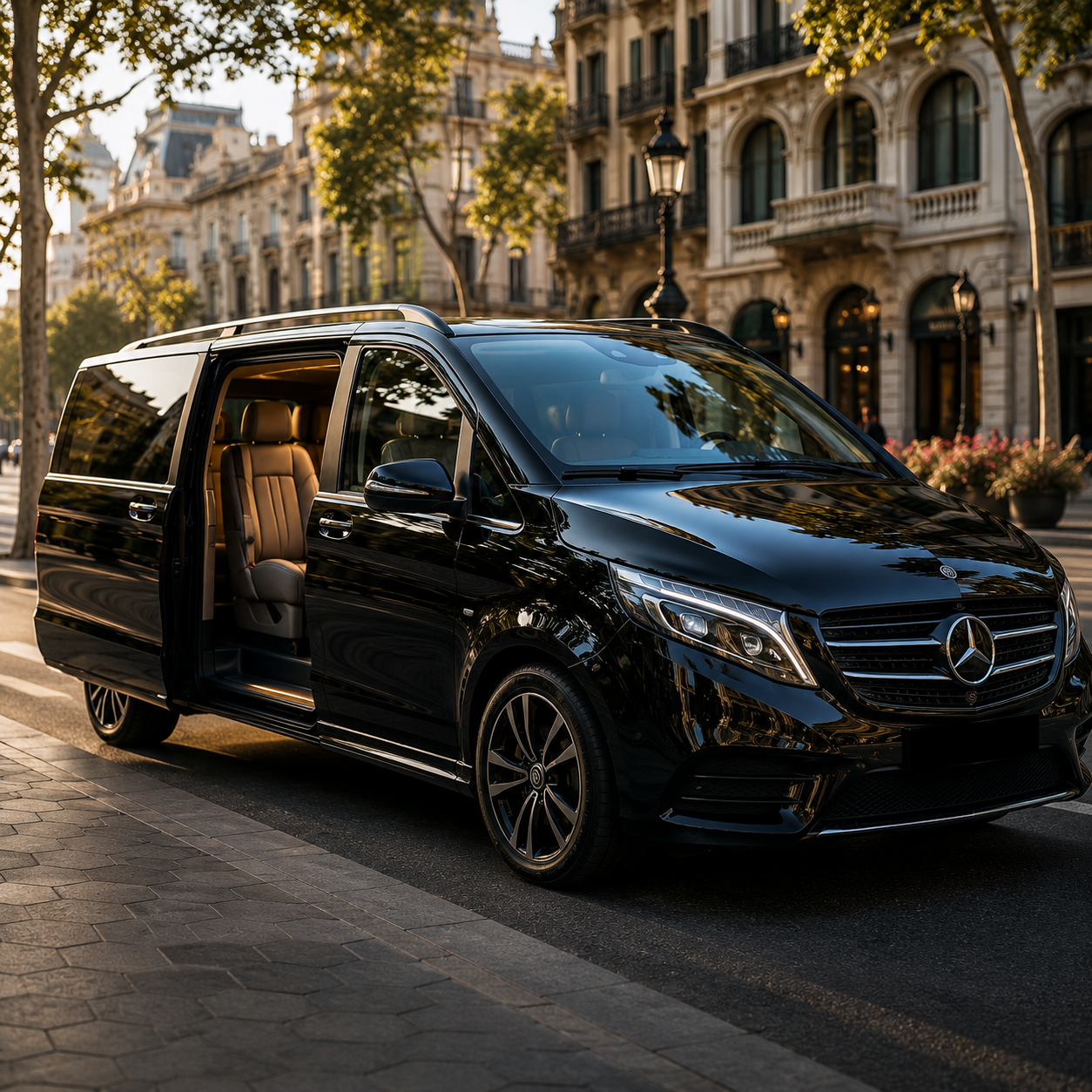 Taxi premium con Mercedes Van en Barcelona para trayectos urbanos e interurbanos, servicio VIP con conductor privado para particulares y empresas con vehículos de alta gama